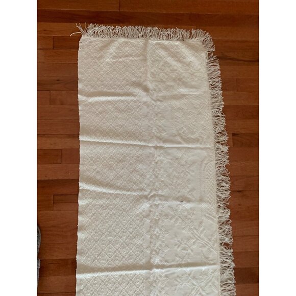 Vintage White Embroidered Table Runner with Fringe Edges 72"x 22" - Picture 6 of 12